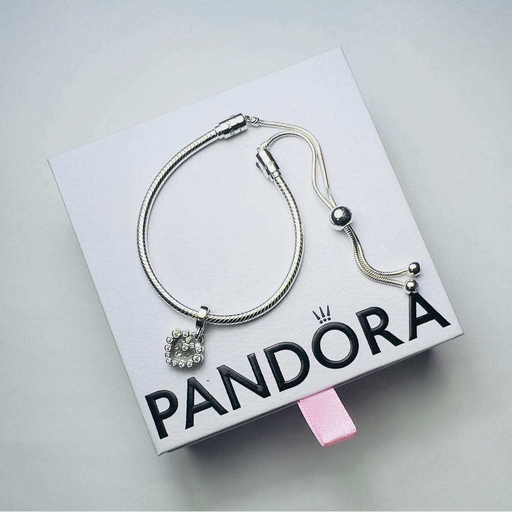 Pandora Moments Snake Chain Slider Bracelet Sparkling Heart Double Dangle Charm
